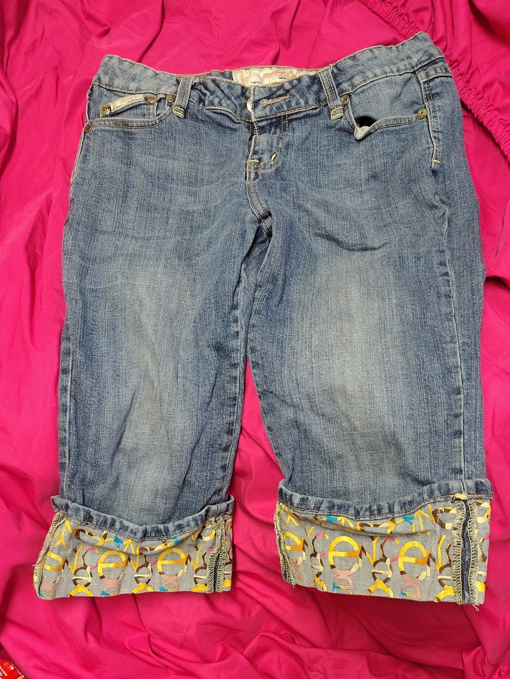 Enyce Light Blue Cropped Roll-Cuff Jeans with Printed Trim